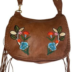 Dream Control Vegan Leather Floral Embroidered Shoulder Crossbody Bag Fringe EUC